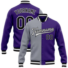 Load image into Gallery viewer, Custom Purple Black-Gray Bomber Full-Snap Varsity Letterman Split Fashion Jacket
