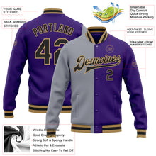 Load image into Gallery viewer, Custom Purple Black Gray-Old Gold Bomber Full-Snap Varsity Letterman Split Fashion Jacket
