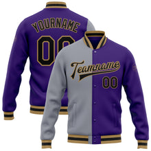 Load image into Gallery viewer, Custom Purple Black Gray-Old Gold Bomber Full-Snap Varsity Letterman Split Fashion Jacket
