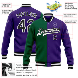 Custom Purple Black Kelly Green Bomber Full-Snap Varsity Letterman Split Fashion Jacket