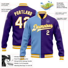 Load image into Gallery viewer, Custom Purple White Light Blue-Gold Bomber Full-Snap Varsity Letterman Split Fashion Jacket
