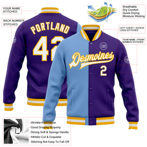 Custom Purple White Light Blue-Gold Bomber Full-Snap Varsity Letterman Split Fashion Jacket