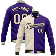 Load image into Gallery viewer, Custom Purple Cream-Black Bomber Full-Snap Varsity Letterman Split Fashion Jacket
