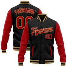 Load image into Gallery viewer, Custom Black Red-Old Gold Bomber Full-Snap Varsity Letterman Two Tone Jacket
