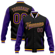 Load image into Gallery viewer, Custom Black Purple-Gold Bomber Full-Snap Varsity Letterman Two Tone Jacket
