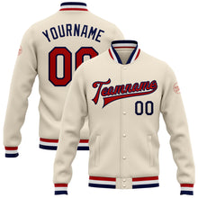 Load image into Gallery viewer, Custom Cream Red-Navy Bomber Full-Snap Varsity Letterman Jacket
