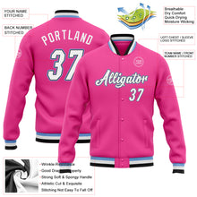 Load image into Gallery viewer, Custom Pink White Black-Light Blue Bomber Full-Snap Varsity Letterman Jacket

