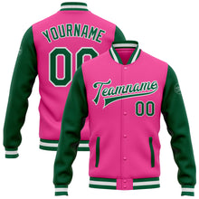 Load image into Gallery viewer, Custom Pink Kelly Green-White Bomber Full-Snap Varsity Letterman Two Tone Jacket
