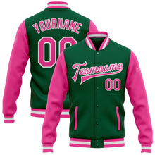 Load image into Gallery viewer, Custom Kelly Green Pink-White Bomber Full-Snap Varsity Letterman Two Tone Jacket
