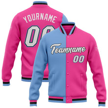 Load image into Gallery viewer, Custom Pink White Light Blue-Black Bomber Full-Snap Varsity Letterman Split Fashion Jacket
