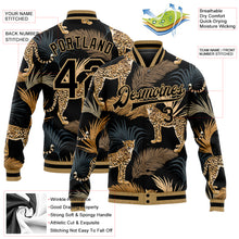 Load image into Gallery viewer, Custom Black Black-Old Gold Tropical Leopard With Palms 3D Pattern Design Bomber Full-Snap Varsity Letterman Jacket
