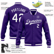 Load image into Gallery viewer, Custom Purple White Bomber Full-Snap Varsity Letterman Jacket
