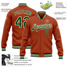 Load image into Gallery viewer, Custom Texas Orange Green-Cream Bomber Full-Snap Varsity Letterman Jacket
