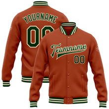 Load image into Gallery viewer, Custom Texas Orange Green-Cream Bomber Full-Snap Varsity Letterman Jacket
