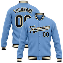 Load image into Gallery viewer, Custom Light Blue Black-Cream Bomber Full-Snap Varsity Letterman Jacket

