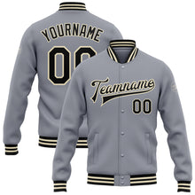 Load image into Gallery viewer, Custom Gray Black-Cream Bomber Full-Snap Varsity Letterman Jacket
