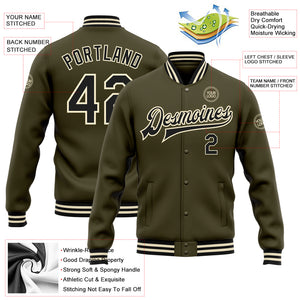 Custom Olive Black-Cream Bomber Full-Snap Varsity Letterman Salute To Service Jacket