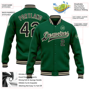 Custom Kelly Green Black-Cream Bomber Full-Snap Varsity Letterman Jacket