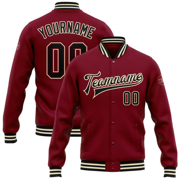 Custom Crimson Black-Cream Bomber Full-Snap Varsity Letterman Jacket