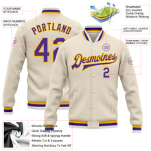 Load image into Gallery viewer, Custom Cream Purple-Gold Bomber Full-Snap Varsity Letterman Jacket
