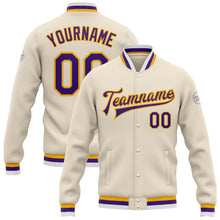 Load image into Gallery viewer, Custom Cream Purple-Gold Bomber Full-Snap Varsity Letterman Jacket
