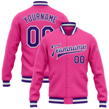 Load image into Gallery viewer, Custom Pink Purple-White Bomber Full-Snap Varsity Letterman Jacket

