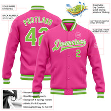 Load image into Gallery viewer, Custom Pink Neon Green-White Bomber Full-Snap Varsity Letterman Jacket
