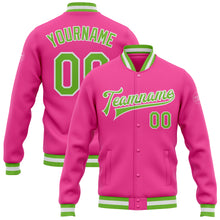 Load image into Gallery viewer, Custom Pink Neon Green-White Bomber Full-Snap Varsity Letterman Jacket
