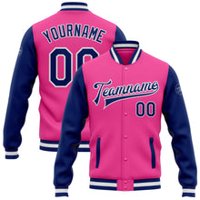Load image into Gallery viewer, Custom Pink Royal-White Bomber Full-Snap Varsity Letterman Two Tone Jacket
