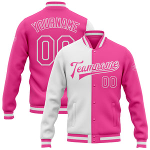 Custom Pink Pink-White Bomber Full-Snap Varsity Letterman Split Fashion Jacket