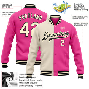 Custom Pink Cream-Black Bomber Full-Snap Varsity Letterman Split Fashion Jacket