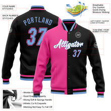 Load image into Gallery viewer, Custom Black Light Blue-Pink Bomber Full-Snap Varsity Letterman Split Fashion Jacket
