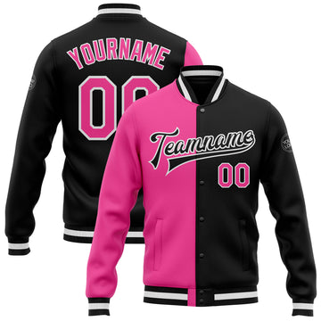 Custom Black Pink-White Bomber Full-Snap Varsity Letterman Split Fashion Jacket