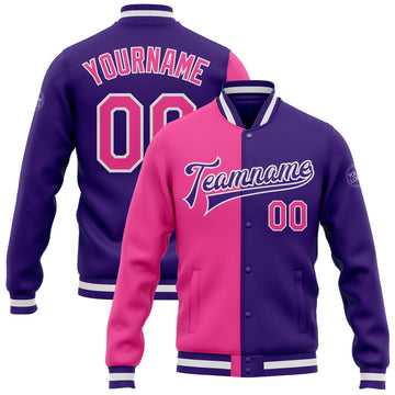 Custom Purple Pink-White Bomber Full-Snap Varsity Letterman Split Fashion Jacket