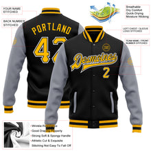Load image into Gallery viewer, Custom Black Gold-Gray Bomber Full-Snap Varsity Letterman Two Tone Jacket
