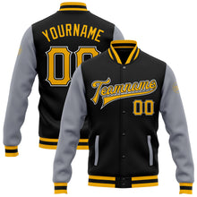 Load image into Gallery viewer, Custom Black Gold-Gray Bomber Full-Snap Varsity Letterman Two Tone Jacket
