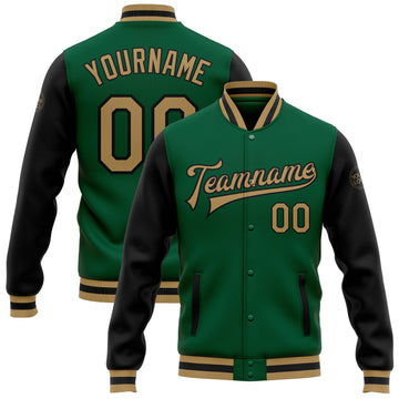 Custom Kelly Green Old Gold-Black Bomber Full-Snap Varsity Letterman Two Tone Jacket