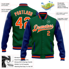 Load image into Gallery viewer, Custom Kelly Green Orange-Royal Bomber Full-Snap Varsity Letterman Two Tone Jacket
