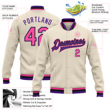 Load image into Gallery viewer, Custom Cream Pink Black-Purple Bomber Full-Snap Varsity Letterman Jacket
