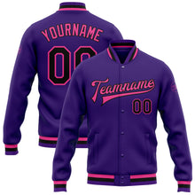 Load image into Gallery viewer, Custom Purple Black-Pink Bomber Full-Snap Varsity Letterman Jacket
