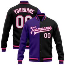 Load image into Gallery viewer, Custom Black White Purple-Pink Bomber Full-Snap Varsity Letterman Split Fashion Jacket
