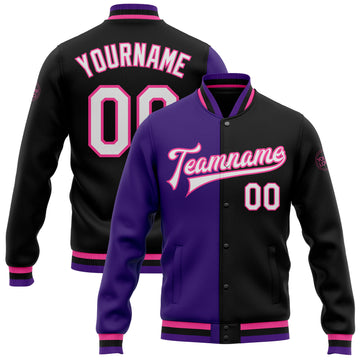 Custom Black White Purple-Pink Bomber Full-Snap Varsity Letterman Split Fashion Jacket