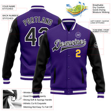 Load image into Gallery viewer, Custom Purple Black-Gold Bomber Full-Snap Varsity Letterman Two Tone Jacket
