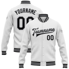 Load image into Gallery viewer, Custom White Black-Gray Bomber Full-Snap Varsity Letterman Jacket

