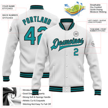 Load image into Gallery viewer, Custom White Teal-Black Bomber Full-Snap Varsity Letterman Jacket
