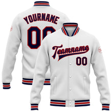 Load image into Gallery viewer, Custom White Navy-Red Bomber Full-Snap Varsity Letterman Jacket
