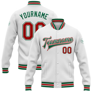 Custom White Red-Kelly Green Bomber Full-Snap Varsity Letterman Jacket