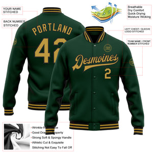 Custom Green Old Gold-Black Bomber Full-Snap Varsity Letterman Jacket