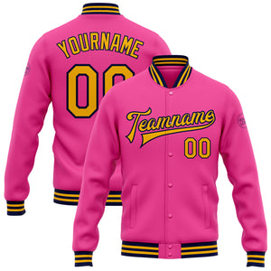 Custom Pink Gold-Navy Bomber Full-Snap Varsity Letterman Jacket