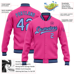 Custom Pink Light Blue-Navy Bomber Full-Snap Varsity Letterman Jacket